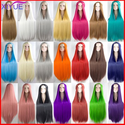100CM Cos Wig Blonde Blue Red Pink Grey Purple Hair for Part