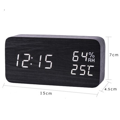 LED Wooden Alarm Clock Watch Table Voice Control Digital Woo