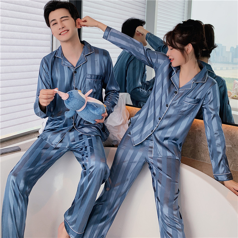 Solid Color Couple Sleepwear Silk Satin Pajama Sets Long But