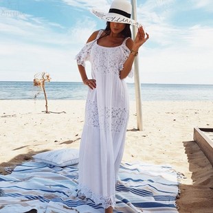 2021 Cotton Patchwork Lace Beach Dress Long Beach Cover up V