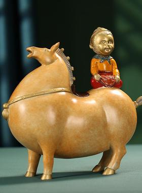 全铜彩铜马上封侯创意新中式办公室客厅家居玄关桌面摆件铜装饰品