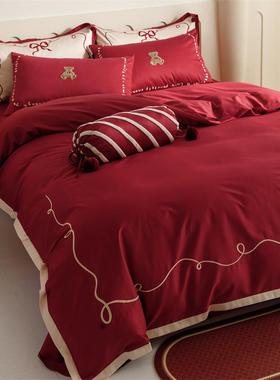 浪漫婚庆100s长绒棉四件套刺绣纯棉结婚被套红色床单1.5床上用品
