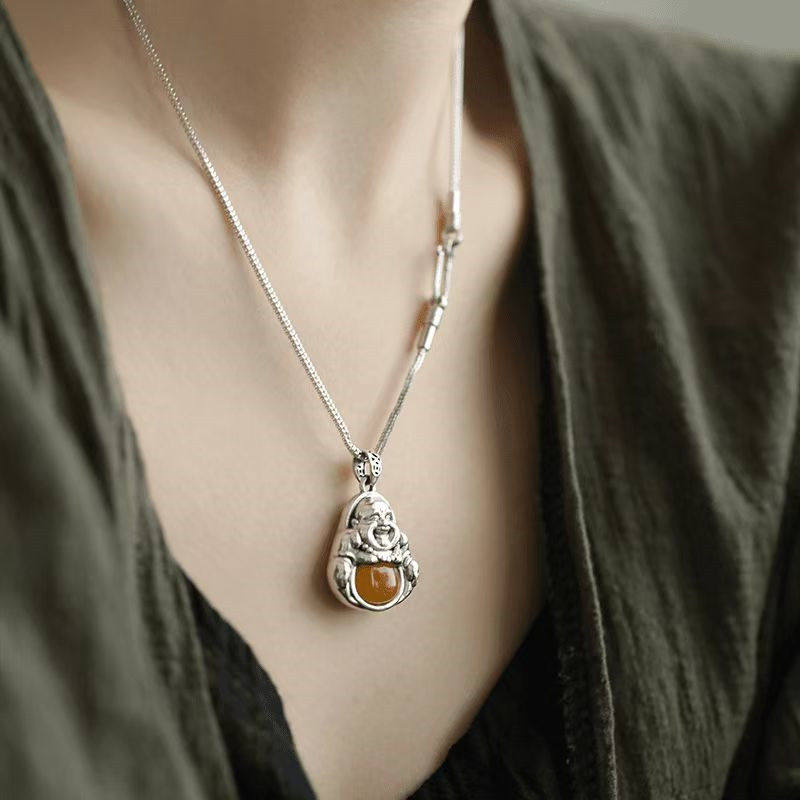 弥勒佛925银笑口常开 蜜蜡佛公做旧吊坠覆古风百搭国风吊节日礼品