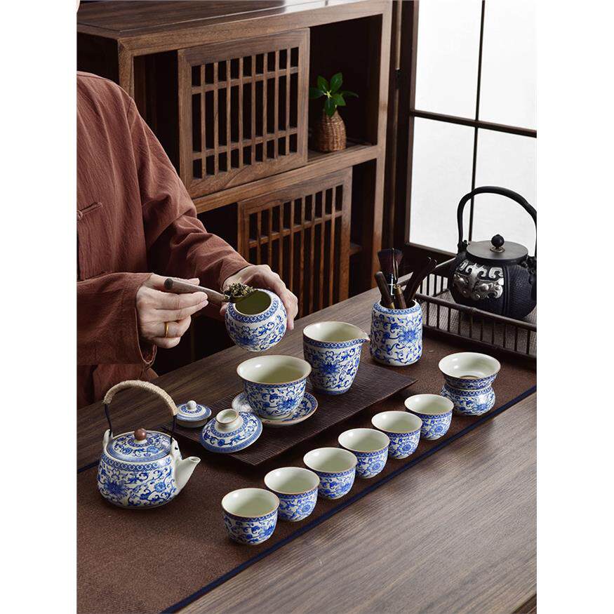 汝窑青花功夫茶具套装家用2026新款办室喝茶泡茶盖碗茶壶节日礼品