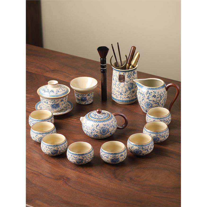 汝窑青花功夫茶具套装家用2026新款办公室泡茶器陶瓷盖碗节日礼品