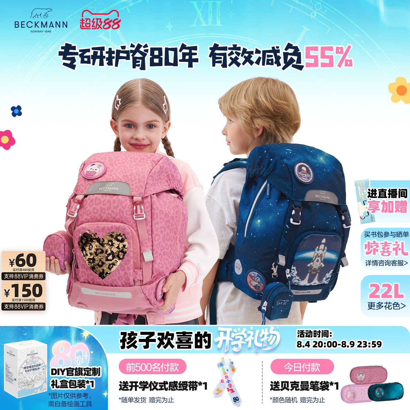beckmann贝克曼书包小学生护脊减负一二三年级儿童男女孩双肩背包 - 实物图