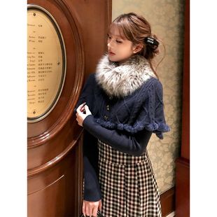 花泽晴香 冬季清楚系温柔斗篷毛衣两件套短款针织上衣+半身裙套装