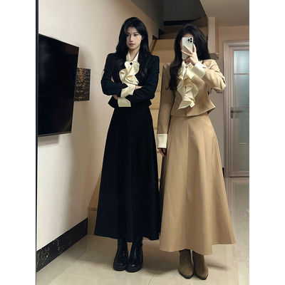 韩系财阀女主荷叶边西服套装秋季新款气质外套长款半身裙女两件套