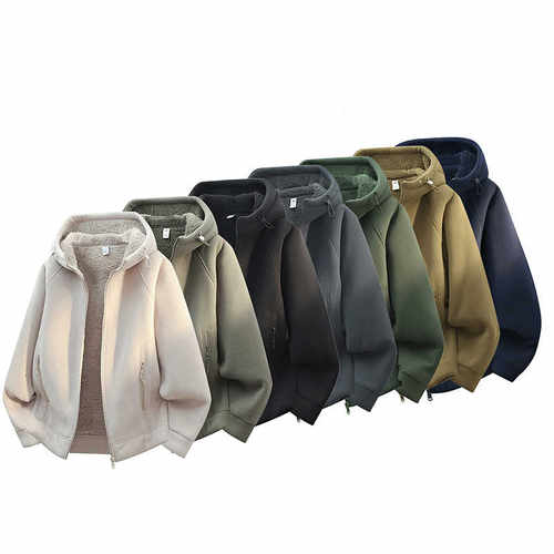 加绒加厚冬新款摇粒绒一体剪裁连帽国潮百搭男生情侣外套2372