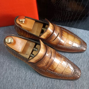 39码偏小手工檫色鳄鱼皮鞋男真皮鳄鱼纹男鞋潮流婚宴英伦一脚蹬