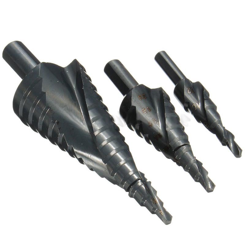 3pcs HSS Spiral Grooved Step Drill Bits 4-12/4-20/4-32mm Con