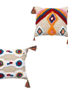 2x Boho Pillow Cover Throw Pillow Case Tassels Cotton Woven