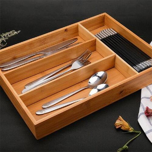 5 Grid Kitchen Bamboo Cutlery Tray Storage Box
