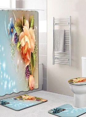 4pcs/Set Elegant Flowers Pattern Shower Curtain Mat Set Non