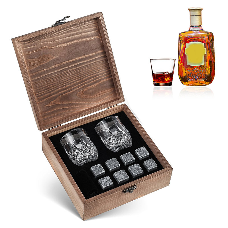 8pcs Whiskey Stones Set Chilling Stones 2 Glasses Wooden Box图片