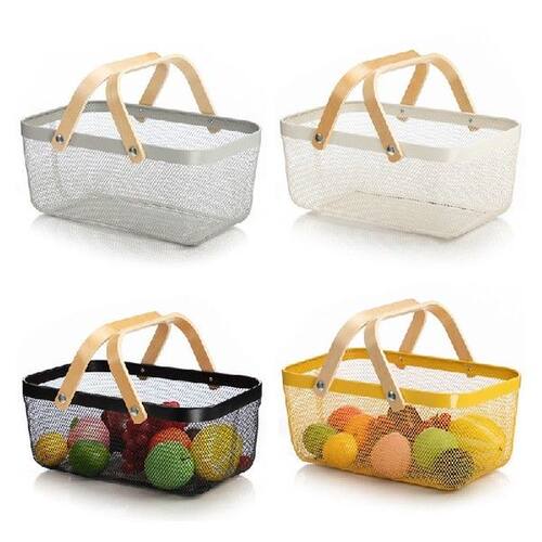 Metal Mesh Fruit Basket Bin with Double Wooden Handle