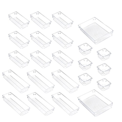 Set Of 23 Desk Drawer Organiser Trays With 4-Size Clear Plas