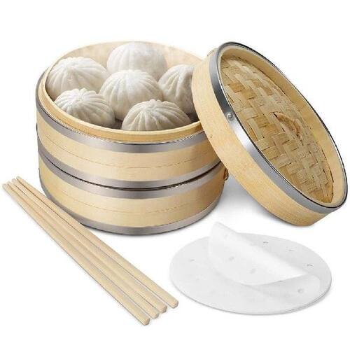 8inch Bamboo Steamer Basket Set With Stainless Steel