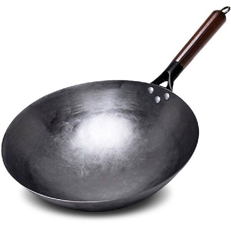 Household Iron Wok,Hand Forging Iron Pan Wooden Handle Pure