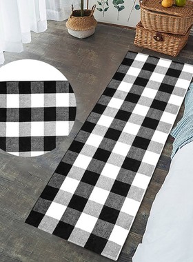 Black and White Plaid Check Rug 24IN X 51.18IN Cotton