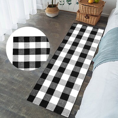 Black and White Plaid Check Rug 24IN X 51.18IN Cotton
