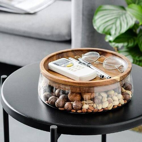 Glass Bowl with Wood Plate Fruit Nut Dried Storage Box