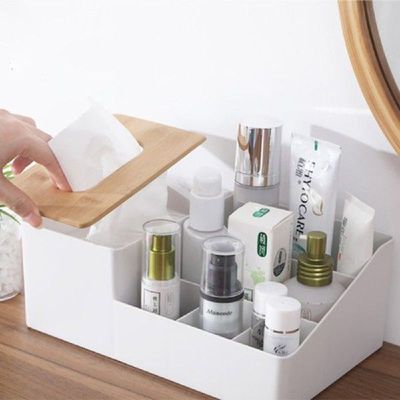 1 Pcs Multifunctional Tissue Box With Bamboo Wood Lid Desk