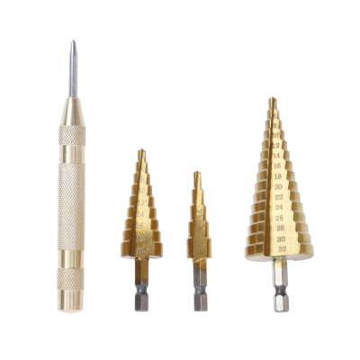 3pcs HSS Step Cone Set Hole Cutter + Center Punch Set Cone D