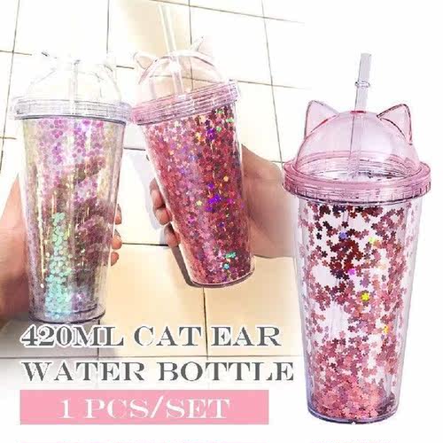 420ml Cat Ear Water Bottle For Girls with Sequins BPA FREE