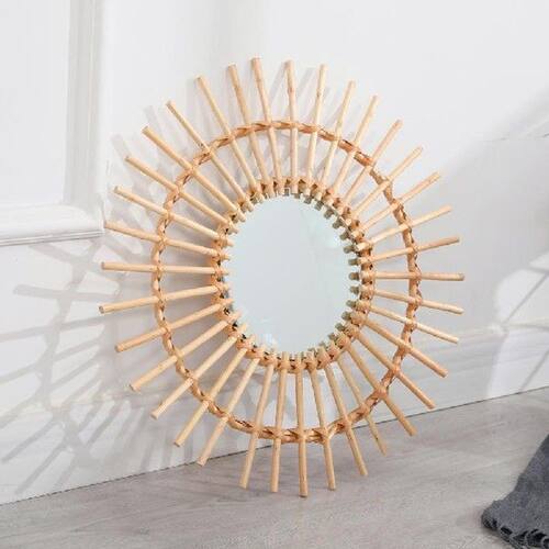 Rattan and Glass Wall Hanging Mirror Hand Woven Rattan