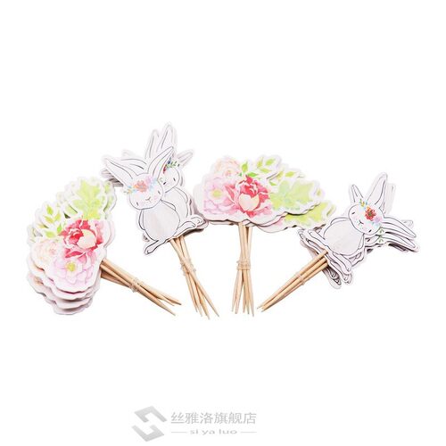 24pcs/lot Cartoon Easter Bunny Flowers cake Toppers Cute Whi