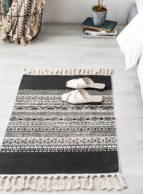 Hot Linen and Cotton Blended Hand-Woven Tassel Carpet