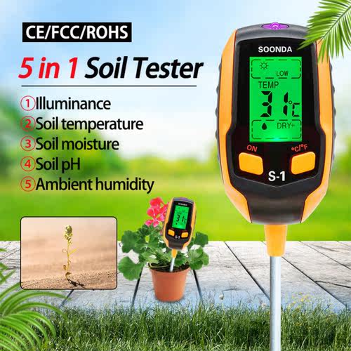 Soil Tester 5-in-1 Household Soil PH Meter Soil Lighting/Tem