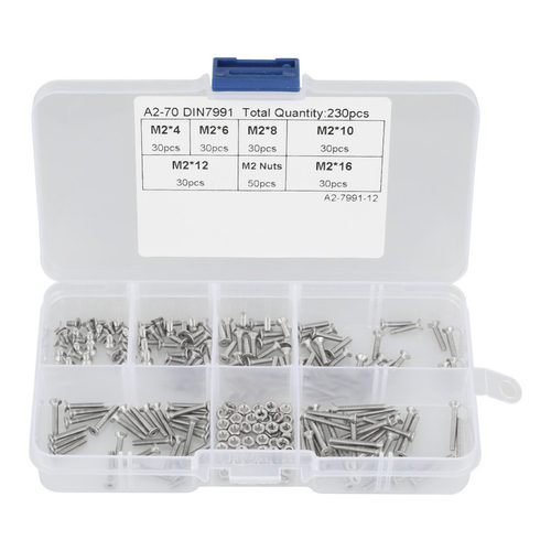 230pcs M2 Screws Nuts Set 304 Flat Head Bolt Screws Nuts Ass
