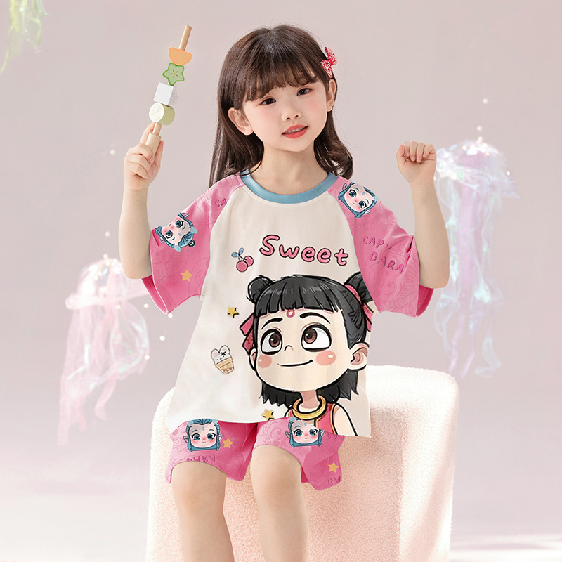 安柰儿联名哪吒女童睡衣2025新款夏季纯棉儿童女宝宝家居服套装