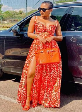 S9307 2025跨境夏季新款欧美女装时尚性感连衣裙吊带印花开叉长裙