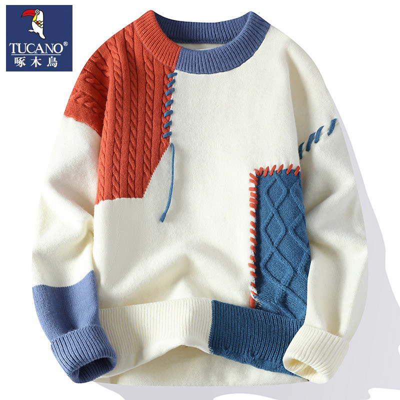 啄木鸟秋冬季青少年个性穿绳拼接毛衣针织衫保暖学生时尚百搭款男,男装,卫衣,淘宝优惠券,粉丝福利购,淘宝优惠卷