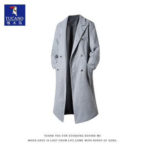 啄木鸟韩版潮流长款毛呢大衣男西装领双排扣轻奢休闲通勤外套男款