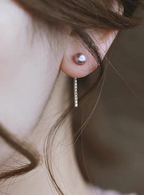 S925银紫色淡水珍珠耳钉女气质百搭个性甜美一字简单耳坠镶钻耳环