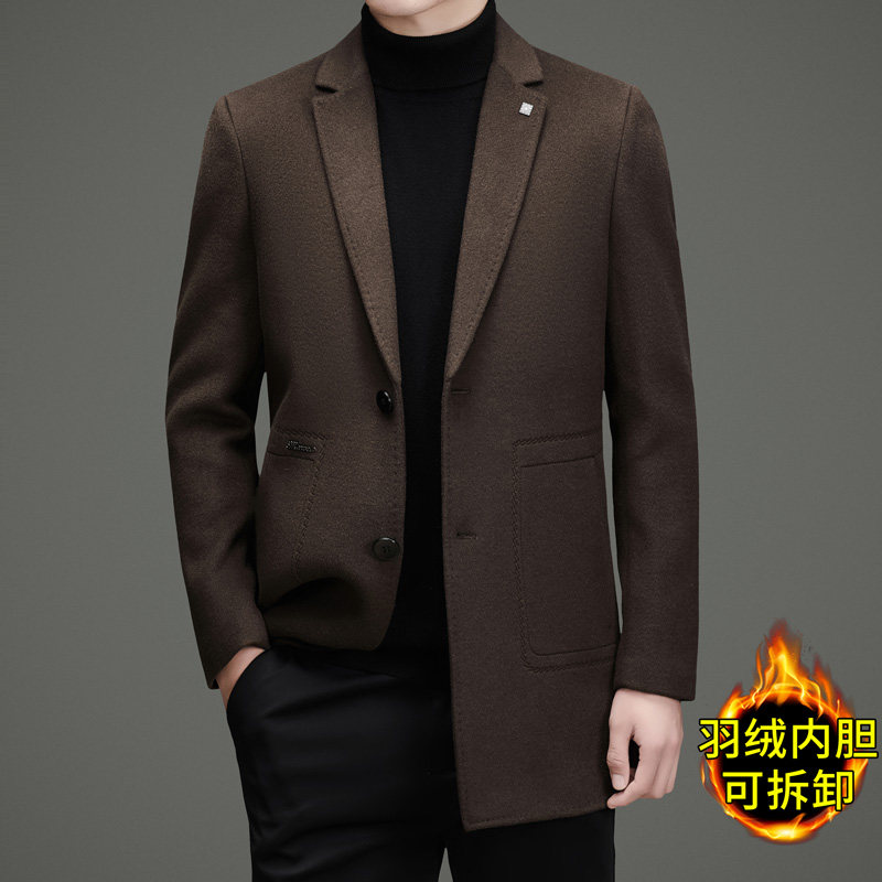 咖啡色毛呢外套男款秋冬季中长款双面呢羊毛大衣可拆卸羽绒服风衣