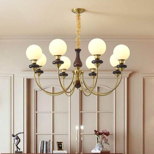 美式复古客厅吊灯轻奢魔豆仿古胡桃木餐厅灯法式中古书房卧室主灯