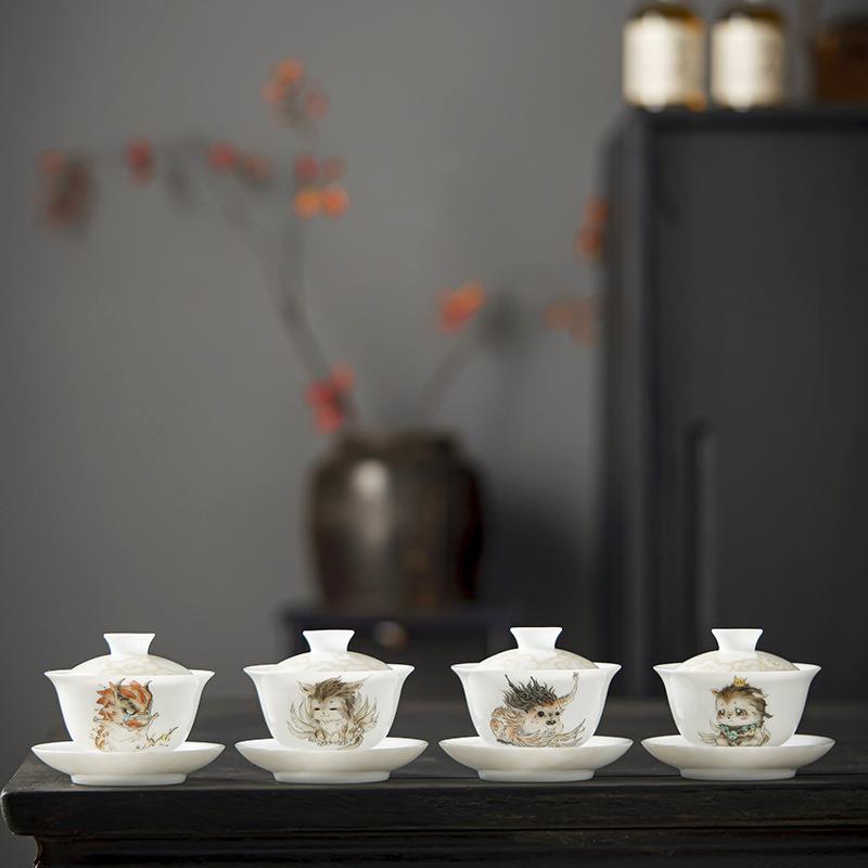 冰种高端手绘山海经盖碗单个陶瓷三才盖碗茶杯茶盏茶碗三才不烫手
