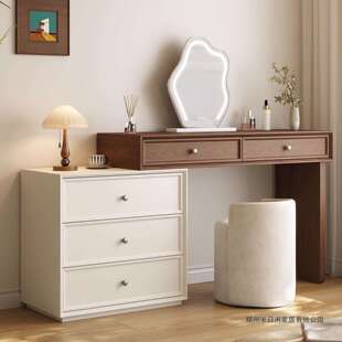 胡桃木梳妆台中古奶油风小户型卧室斗柜一体实木化妆桌宋式美学