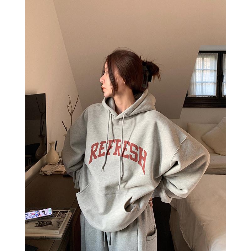 韩版连帽卫衣女款秋冬宽松字母女式卫衣加厚薄绒闺蜜装慵懒风上衣