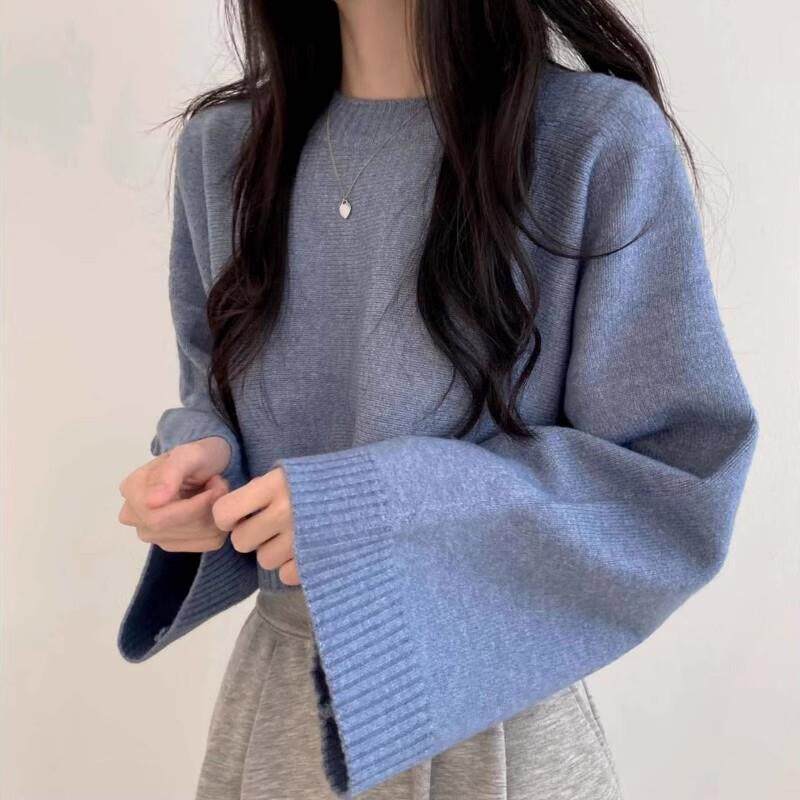 韩国chic秋冬慵懒风毛衣纯色宽松小个子短款长袖圆领套头针织衫女