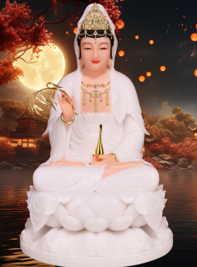 汉白玉观世音菩萨神像娑婆三圣像观音佛像供奉摆件观自在菩萨坐像