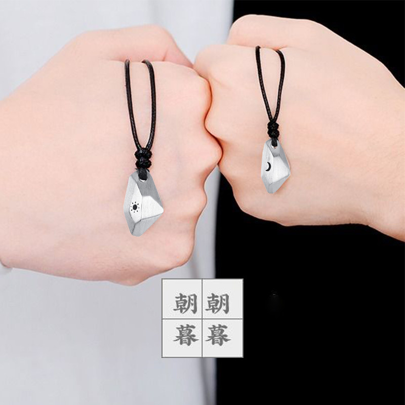 古代定情信物s925银许愿石情侣刻字项链一对情侣吊坠黑皮绳可调节