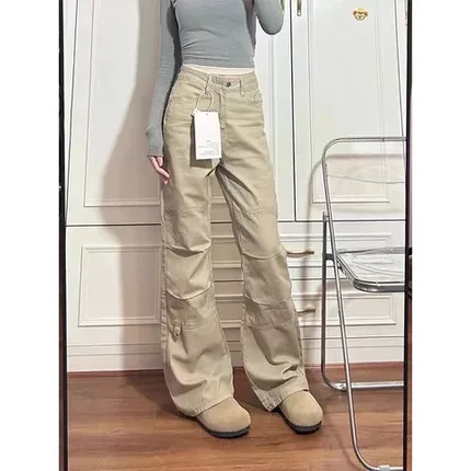 显瘦牛仔裤设计感工装秋季新款拖地裤美式2024女辣妹高腰复古阔腿