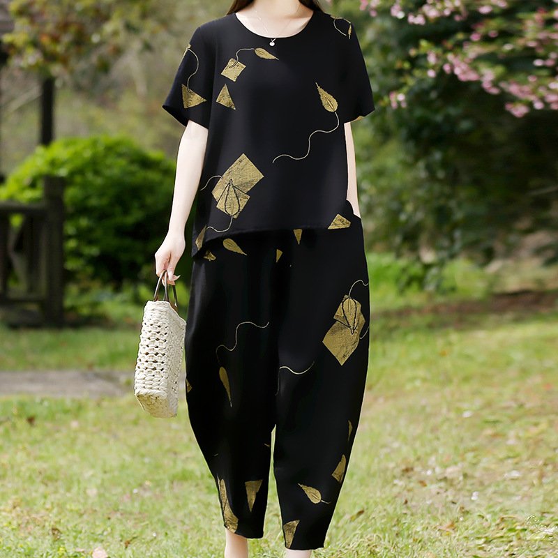 2022新款洋气妈妈夏装套装中老年女装短袖t恤中年亚麻上衣两件套