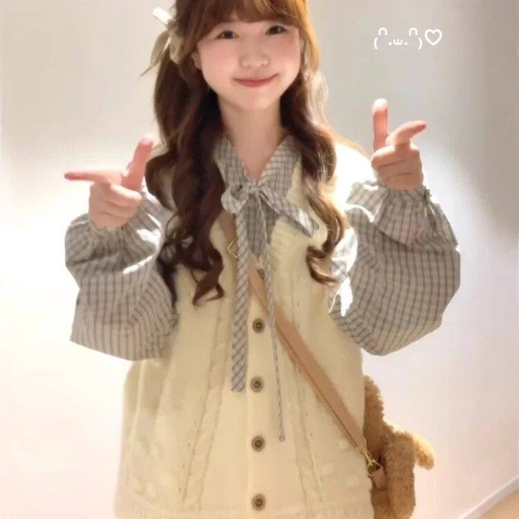 学院风套装女秋冬日杂少女针织开衫马甲叠穿蝴蝶结格子衬衫两件套